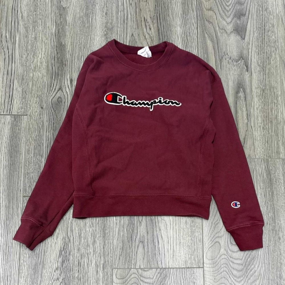 Champion Reverse Weave Maroon Chenille Script Logo Cropped Sweatshirt Crewneck S